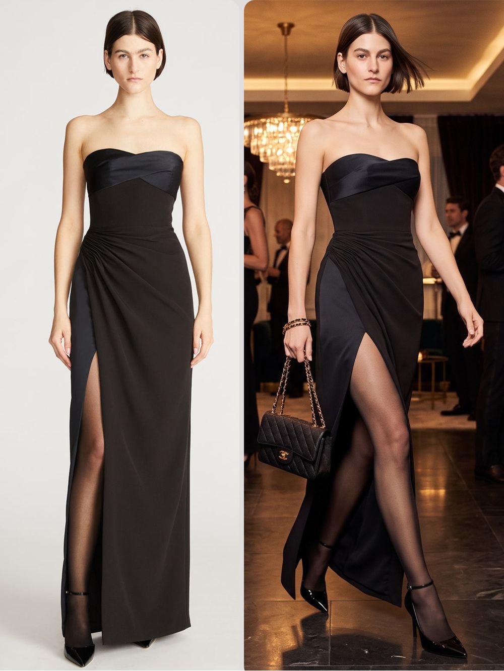 Halston Esther Black Strapless Crepe/Satin Side Slit Maxi Gown Dress $545